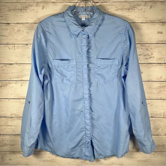 Chico's Touch of Cool Fringe Denim Long Sleeve Roll Tab Shirt Blue Size 1 M Top - Picture 2 of 10